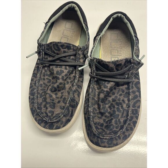 Hey Dude Shoes Wendy Sox Leo Brown Women’s Size 6 Slip On Loafer Fabric Leopard - Picture 1 of 13